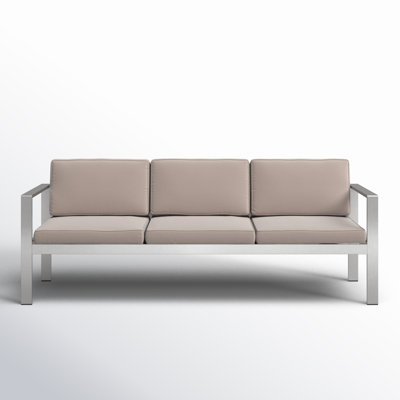 Karen 79" Wide Outdoor Patio Sofa with Cushions — written in the clean, modern tone Wayfair uses, and highlighting aluminum frame, quick-dry cushions, by Wade Logan