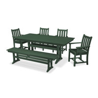 Traditional Garden Arm Chair 6-Piece Farmhouse Dining Set with Trestle Legs and Bench by POLYWOOD