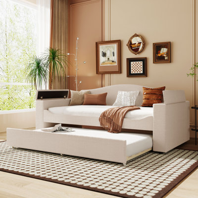 Full Size Upholstered Daybed with Trundle, Storage Armrests & Bluetooth Audio System, Teddy Fleece, Beige by Office Furniture Concepts, Inc.
