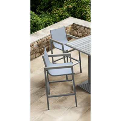 Aloys Outdoor Barstool in Gray Powder Coated Finish with Gray Sling PVC-coated polyester and Wood Accent Arms by Wade Logan