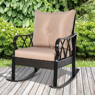 Outdoor Wicker Rocking Chair with Padded Cushions, Aluminum Furniture Rattan Porch Rocker Chair with Armrest for Garden, Patio, and Backyard by Lark Manor