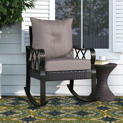 Outdoor Wicker Rocking Chair with Padded Cushions, Aluminum Furniture Rattan Porch Rocker Chair with Armrest for Garden, Patio, and Backyard by Lark Manor