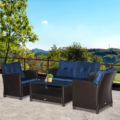 4-Piece Patio Furniture Set, Rattan Wicker Chair W/ Table, Outdoor Conversation Set With Cushion For Backyard, Porch, Or Garden, Blue by Outsunny