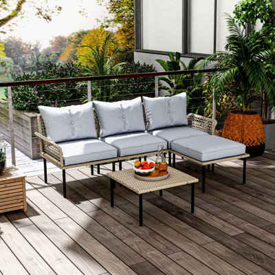 5 Piece Patio Furniture Set, Outdoor Conversation Set With L-Shaped Sofa, Cushions, For Backyard, Lawn And Pool, Light Gray by Outsunny