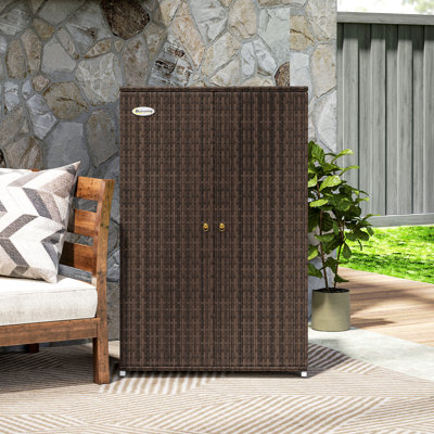 Wicker Outdoor Storage Cabinet with Shelves, 2-Door Rattan Pool Towel Storage Cabinet with Removable Shelf & Drawer, Outdoor Towel Storage Cabinet for