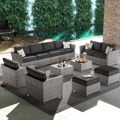 Cassville 8 - Person Patio Furniture Set, Outdoor Wicker Rattan Sectional Seating Group with Cushions, All Weather Sofa Conversation Set Table for Gar