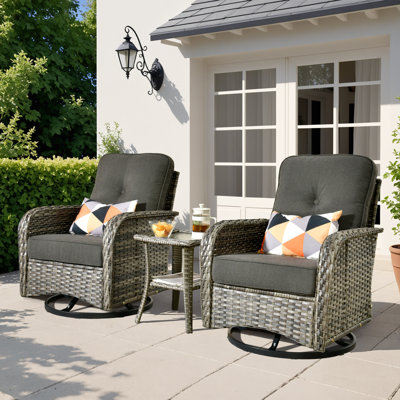 Allcot 2 - Person Outdoor Wicker Chairs with Side Table, All Weather High Back Rattan Chairs 2-Seater with Comfy Cushions by OVIOS