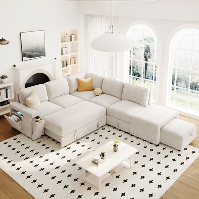 L-Shaped Padded Modular Pull Out Sofa Bed With Storage Space, USB Ports And Cup Holders On The Armrests by stambord