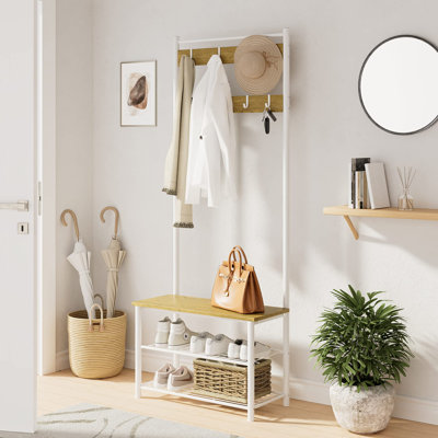 Aizah 3-In-1 Freestanding Wooden Coat Rack With Shoe Bench With Metal Frame, 3-Tier Shelf And 9 Removable Hooks, White/Walnut by Ebern Designs