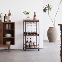 Mahisha Wine Rack Mini Bar Liquor Cabinet - Small Bar Table For Liquor Whiskey Wine With Movable Wheels, 3-Tier Wine Rack Freestanding Floor With Wood by Union Rustic