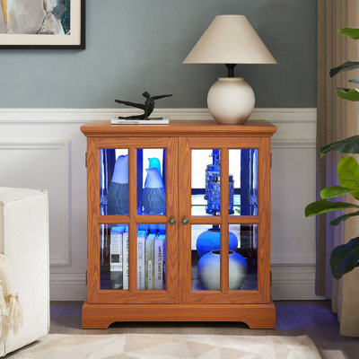 LED Curio Display Cabinet,Antique Display Cabinet With Adjustable Shelves,Retro Design Quality Showcase With Lattice Doors Elegant Bookcase And Storag