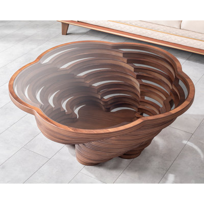 Queen Sculptural Coffee Table with Smoked Glass Top, Layered Walnut Veneer Design by Papella