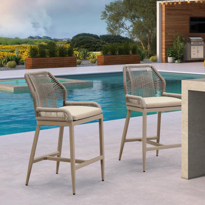 Purple Leaf Patio Upgraded Fabric Counter Height Bar Stools 24" H Set Of 2 Modern Rattan Bar Chairs Aluminum Stool Outdoor Wicker Barstools With Back by Purple Leaf