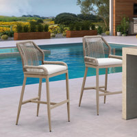 Purple Leaf Patio Upcycled Fabric Bar Stools 28" H Set Of 2 Handwoven Wicker Bar Height Stool Modern Aluminum High Bar Chairs Outdoor Wicker Barstools