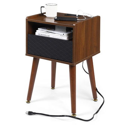 Mid Century Nightstand, Modern Side End Table With Charging Station And Storage by Yuan Home