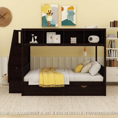 Kids Twin Over Full Bunk Bed with Shelves, Storage Staircase and 2 Drawers by QSG