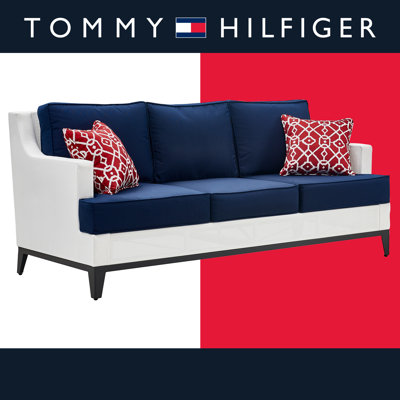 Tommy Hilfiger Hampton Outdoor Mesh Sofa with Cushions, Coastal White and Navy