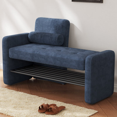 40.94" Navy Blue Upholstered Shoe Storage Bench with Adjustable Backrest, 2-Tier Entryway Cabinet Ottoman, Bedroom Stool with Cushion, Narrow Hallway by Ebern Designs