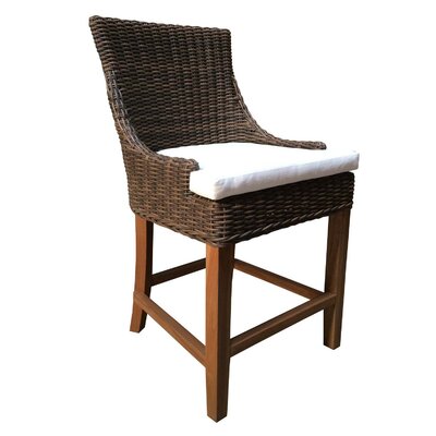 Ennis Teak Patio Bar Stool with Cushion by Rosecliff Heights
