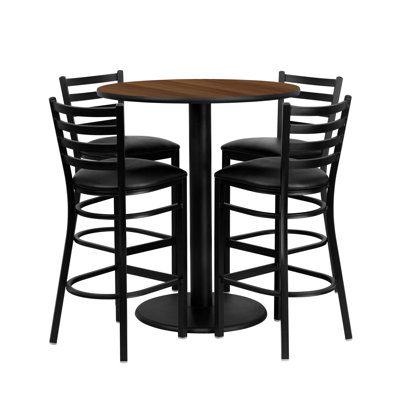 Hemant 36" Round Walnut Laminate Table Set with 4 Metal Barstools - Vinyl Seat by Red Barrel Studio