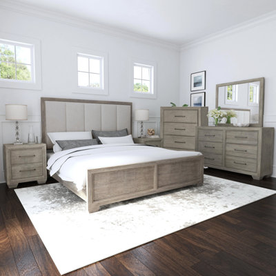 Ennesley Gray Wood Bedroom Set With Upholstered Panel Queen Bed, Dresser, Mirror, 2 Nightstand, And Chest by Roundhill Furniture