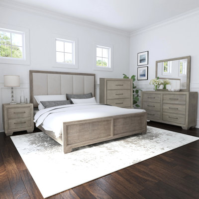 Ennesley Gray Wood Bedroom Set With Upholstered Panel Queen Bed, Dresser, Mirror, Nightstand, And Chest by Roundhill Furniture