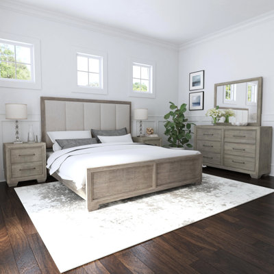 Ennesley Gray Wood Bedroom Set With Upholstered Panel, Dresser, Mirror, And 2 Nightstands by Roundhill Furniture