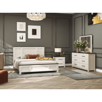 Roundhill Furniture Realynn 4-Piece Wood Bedroom Set, Panel Bed with Dresser, Mirror, and Nightstand, Off-White Finish by Roundhill Furniture