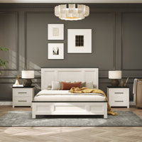 Roundhill Furniture Realynn 3-Piece Wood Bedroom Set, Panel Bed with 2 Nightstands, Off-White Finish by Roundhill Furniture