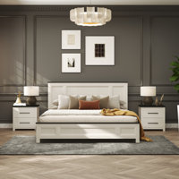 Roundhill Furniture Realynn 3-Piece Wood Bedroom Set, Panel Bed with 2 Nightstands, Off-White Finish by Roundhill Furniture