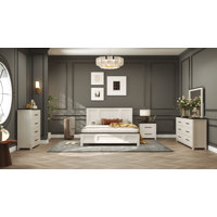 Roundhill Furniture Realynn 5-Piece Wood Bedroom Set, Panel Bed with Dresser, Mirror, Chest, and Nightstand, Off-White Finish by Roundhill Furniture