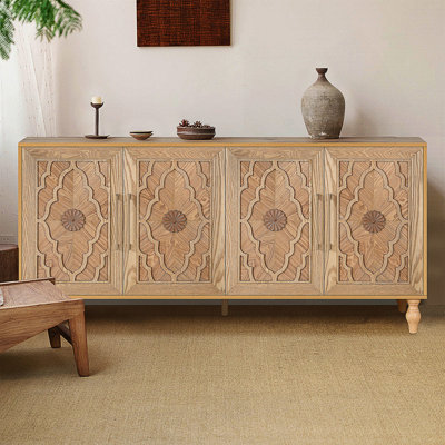 Wood Storage Cabinet with Carved Door and Metal Handle, Versatile and Stylish for Home Decor by R&M Furniture