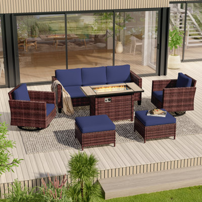 6 Piece Patio Sofa with Rectangle Fire Pit Table and Ottomans