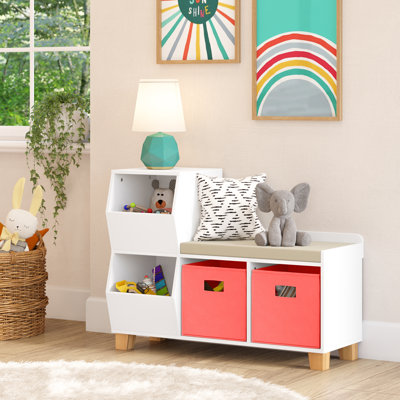 RiverRidge Kids Catch-All Cubby Storage Organizer Bench with Toy Storage Shelves and Cushioned Seat for Reading Nook and Playroom Toy Storage - White