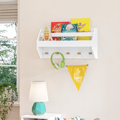 RiverRidge Kids Catch-All Wall Shelf with Bookrack and Hooks for Books and Bags - White with Pine Wood Accents by RiverRidge Home