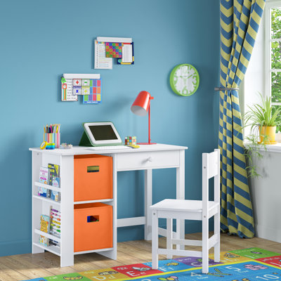 RiverRidge Kids Desk and Chair Playroom Set with 2 Art Storage Cubbies and 2 Side Bookshelves - White