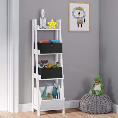 RiverRidge Kids 4-Tier 13in Ladder Shelf Toy Organizer and Book Storage with 3 Open Display Shelves- White with Two 5" Fabric Bins by RiverRidge Home