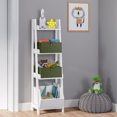 RiverRidge Kids 4-Tier 13in Ladder Shelf Toy Organizer and Book Storage with 3 Open Display Shelves- White with Two 5" Fabric Bins by RiverRidge Home