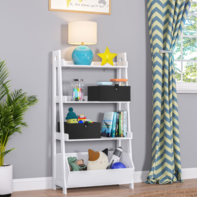 RiverRidge Kids 4-Tier 24in Ladder Shelf Toy Organizer and Book Storage with 3 Open Display Shelves- White with Two 5" Fabric Bins by RiverRidge Home