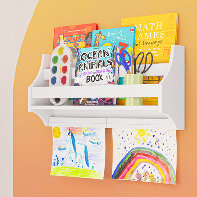Riverridge Kids Wall Mount Bookshelf With 2 Kids Art Display Bars - Floating Bookshelf For Book Nook - White by RiverRidge Home