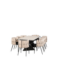 Waterfall Modern Rectangular Marble Dining Table Set with Sculptural Base and 8 Woven Chairs – 9-Piece Contemporary Dining Room Set by Statements by J