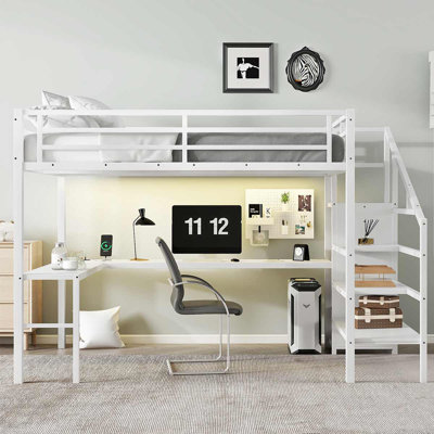 Loft Bed With L-Shaped Desk And USB, Loft Bed With Wardrobe And Adjustable Shelf For Teens Adults by specool