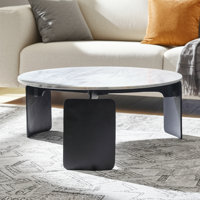 Round Coffee Table Marble And Cast Aluminum Modern Metal Base Diameter Gray Top Living Room Bedroom Office Use - 13" Gray, Black by Wade Logan