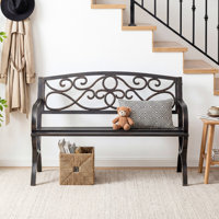 Outdoor Garden Bench, Iron Metal Frame Patio Park Bench with Floral Pattern Backrest, Arch Legs by World Menagerie
