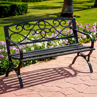 Outdoor Garden Bench, Iron Metal Frame Patio Park Bench with Floral Pattern Backrest, Arch Legs by World Menagerie