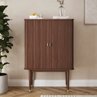 Corrigan Studio Walnut Wood Mandea Bar Cabinet Stylish Modern Storage with Shelves and Glass Doors