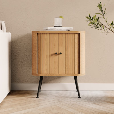 Mancebo Oak Nightstand with Sliding Door and Storage Adjustable Shelves for Japandi Living Decor by George Oliver