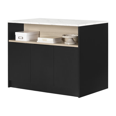 Olio Kitchen Island Matte Black and Faux White Marble by South Shore