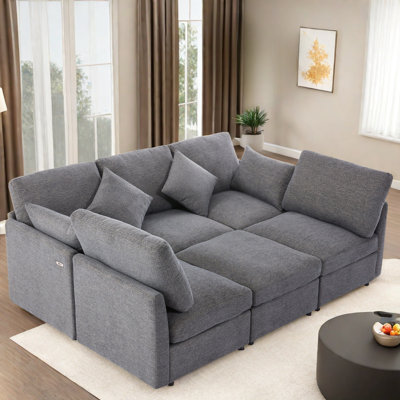 Sectional Modular Sofa With A Movable Ottoman, Two Usb Ports And 2 Toss Pillows