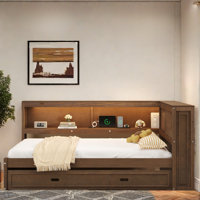 Wooden Daybed With Storage Shelves, Charging Station, Led And Trundle